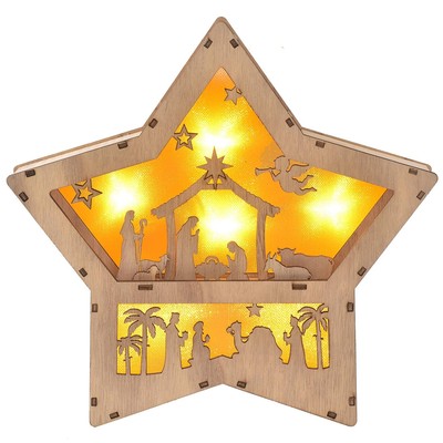 Christmas Nativity Set, Wooden Star Shaped Nativity Scene LED Light, 3D Chris...