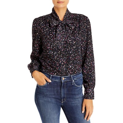 Aqua NWT Confetti Bow Long Sleeve Blouse Neck Tie Button Down Black Confetti New