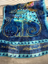 VINTAGE SILK SCARF WITH STILIZED CATS -INDIGO CATS AND BUTTERFLIES -LAUREL BURCH