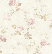 Roses on a Floral Vine Wallpaper in Pink, Green by Wallquest DM21100