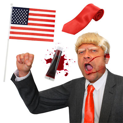US PRÄSIDENT KOSTÜM PERÜCKE KRAWATTE FLAGGE KUNSTBLUT LUSTIG KOSTÜM 2024 WAHL