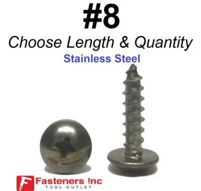 #8 Truss Head Phillips Sheet Metal Screws Stainless Steel (Choose Length & Qty)