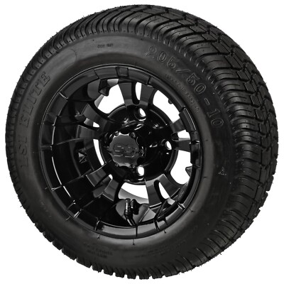 (4) Golf Cart 205/50-10 Low Profile Tires on 10x7 Gloss Black Vampire Wheels