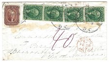 1857 10c Green (2 pairs w 31L dbl transfer) + #28 5c Paraguay / Buenos Aires