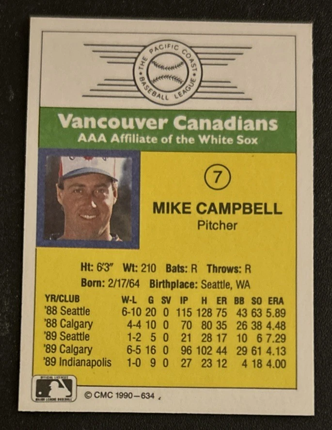 1990 CMC AAA Mike Campbell Minor League Baseball Card #7 Vancouver Canadians VG - Image 2 of 2