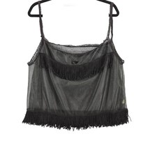 Vintage Black Sheer Mesh Fringe Cami Top Lace Trim RN 26869 Women Lingerie L