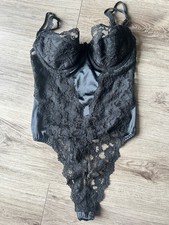 Victoria's Secret Second Skin Satin 34B Bodysuit Black Lace Thong