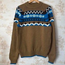 Vtg 70s Chunky Knit Ski Sweater Camel Blue Nordic Fair Isle Apr s Ski L