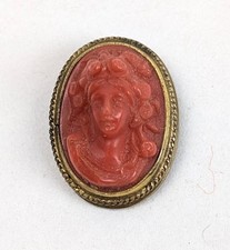 OLD Antique Yellow Gold Plated/Filled Carved Salmon/Red Coral Cameo Brooch