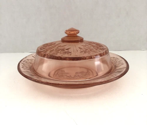 Federal Pink Glass Sharon Cabbage Rose Pattern Round Covered Butter Dish Vintage