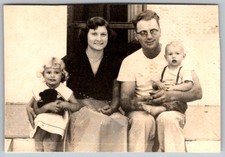 Vtg B&W Snapshot Family Portrait Mother Father Toddler Baby Porch Sitting 1940s