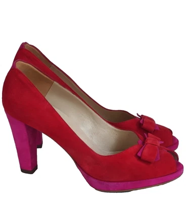 Escarpins peeptoe Peter Kaiser taille 37 37,5 rouge rose nœud daim talons hauts - Photo 1/4