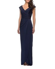 La Femme Navy Blue Off-the-Shoulder Ruched Jersey Column Gown Size 2 Orig 338