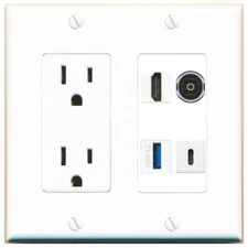 HD TOSLINK USB-3 USBC Port Wall Plate w/Power Outlet White