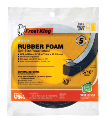 Frost King R538H Sponge Rubber Foam Tape 5/16'', Black, 3/8''W, 5/16''T, 10ftL