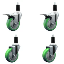 4 Inch Green Poly Swivel 1-3/8 Inch Expanding Stem Caster Set 2 Brakes