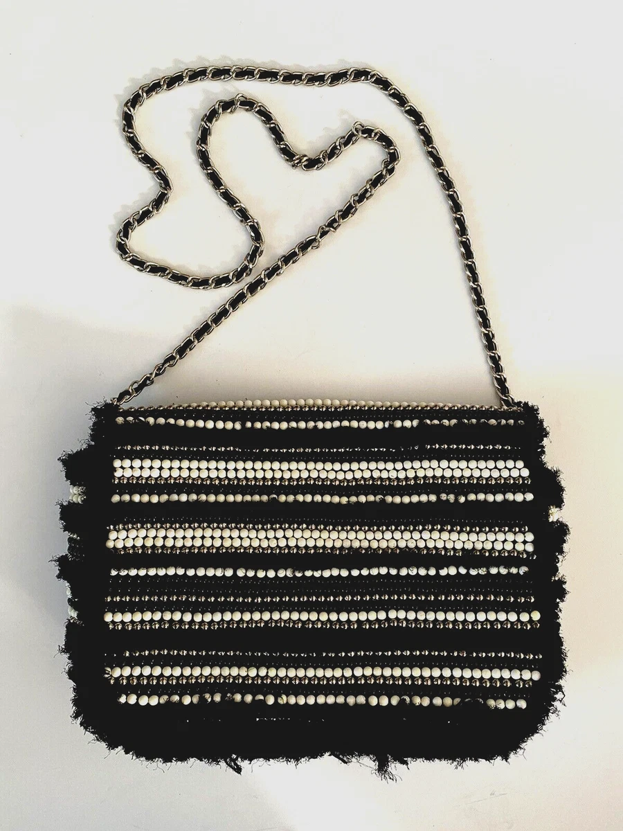 ZARA Beaded Striped Crossbody Flap Bag Black White Chain Strap