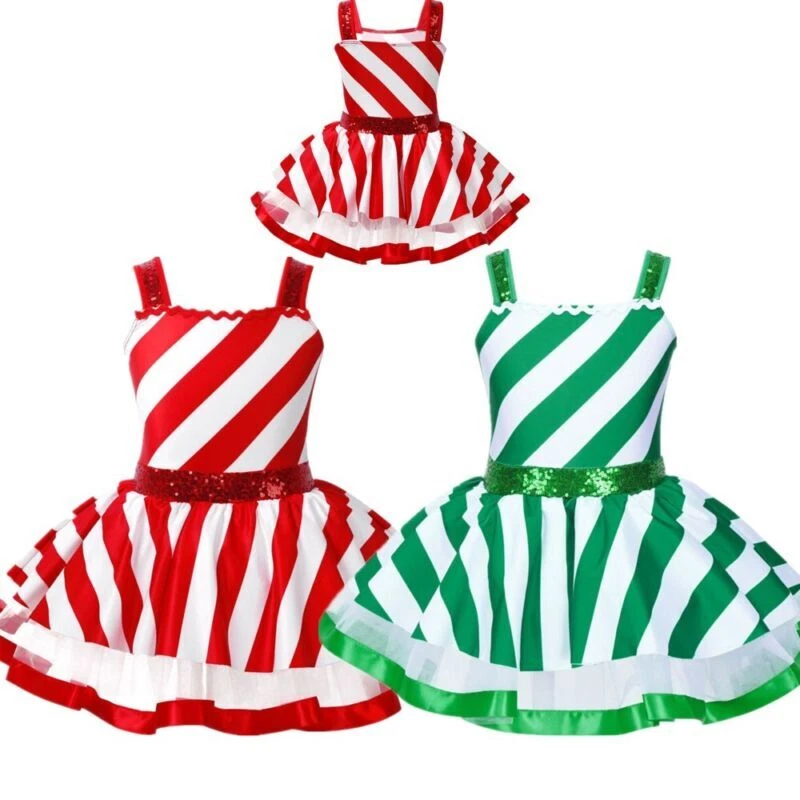 Kids Girls Christmas Candy Cane Costume Figure Ice Skating Dance Leotard Dress - Image 3 of 4