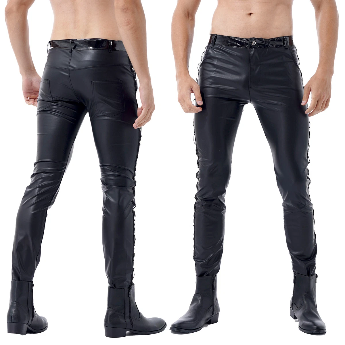 Mens Causal Tight Pants Low Waist Skinny Trousers Faux Leather Wet Look  Clubwear