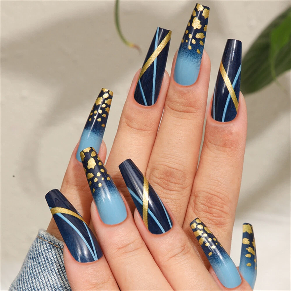 blue gold nail designs