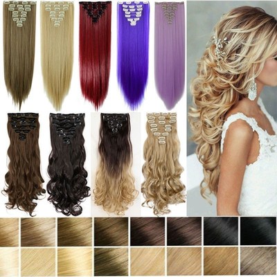 100% Real Natural Full Head Clip in Hair Extensions 8Pcs Straight Wavy Synthetic