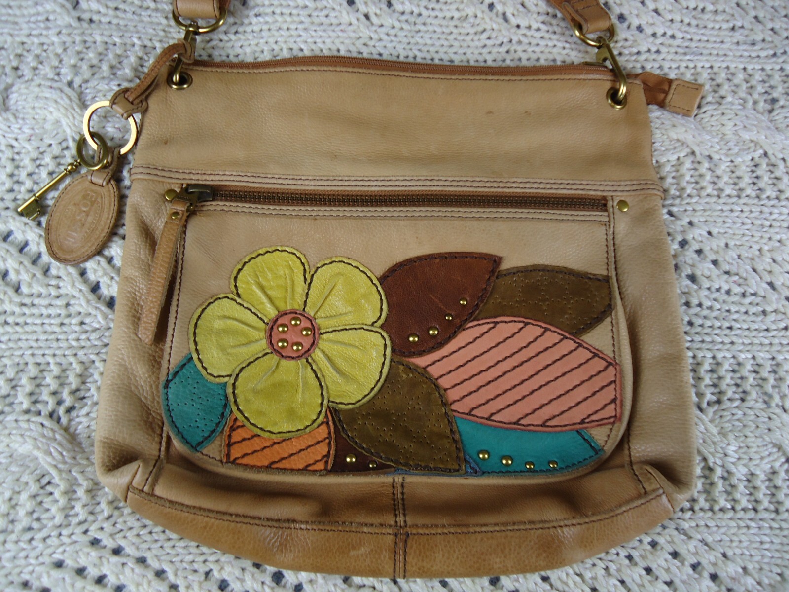 VTG Fossil Cognac Brown Floral Leather Boho Shoulder Bag Y2K Hippie Earthy