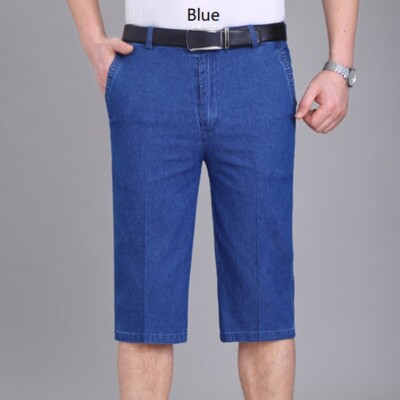 Men Slim Denim Capri Pants Cropped Jeans Casual Trousers Stretch Fit High  Waist