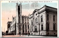 Syracuse New York NY, W. Jefferson St. Library & First Baptist Church, Postcard