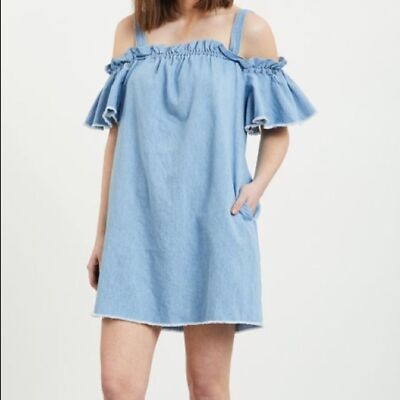 denim flounce dress Denim Flounce-Sleeve Shift Dress