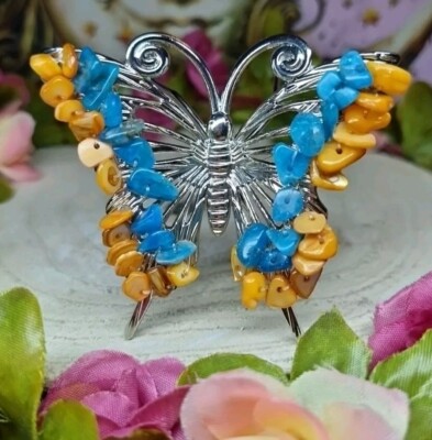 Schöne handgefertigte blaue Apatit Kristall & Abalone Muschel Perlen Schmetterling Ornament