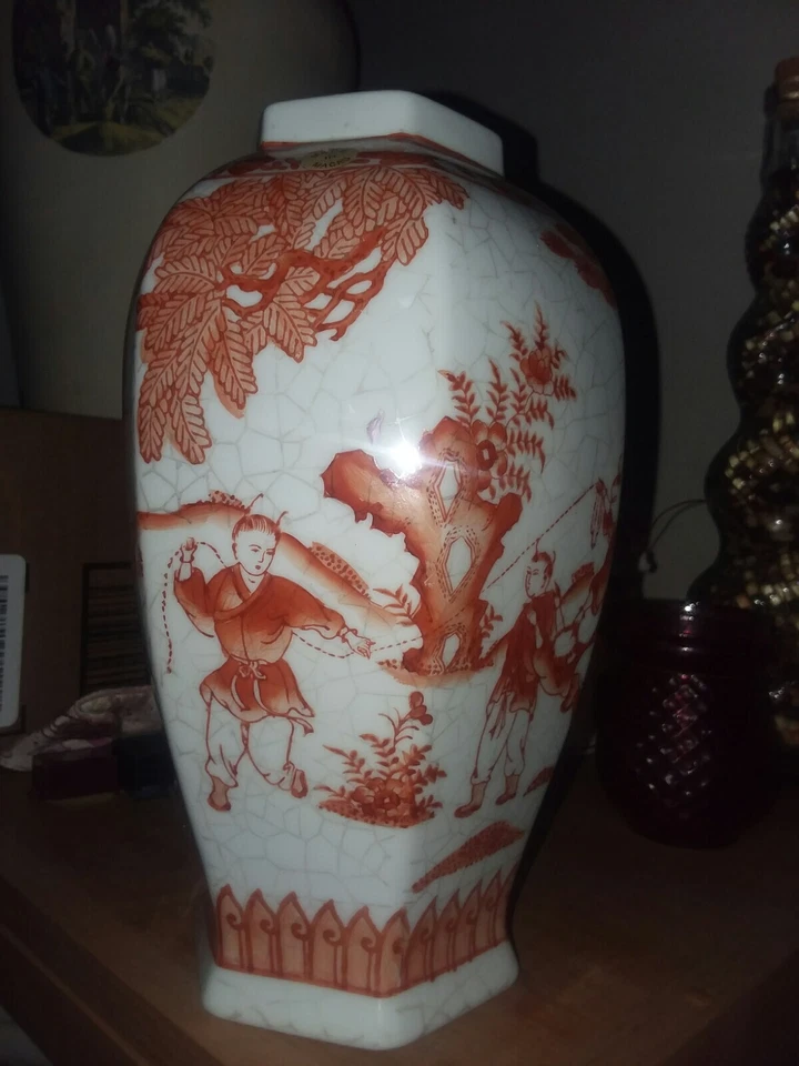 Vintage  Chinese Porcelain Iron Red Vase Crackle glaze Scene children Playing  - Image 4 of 4