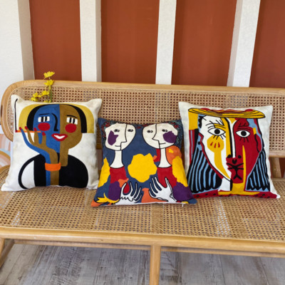 Abstract Face Embroidered Canvas Cushion Cover Modern Art Sofa Accent Decor