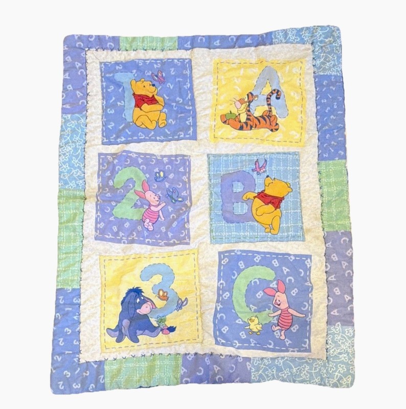 VTG Disney Winnie The Pooh Baby Crib Blanket Comforter Quilt Reversible ABC 123