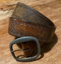 Vintage brown leather tooled stamped belt floral deign
