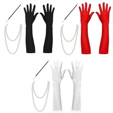 1Set Vintage Opera Dress Up Elbow Length Gloves Faux Pearl Necklace Long Stick