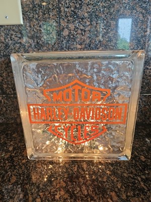 Harley Davidson Accent Lamp Light Glass Block Tested Works Bar Shield