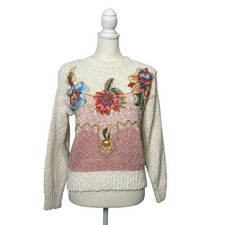 Vintage Needles & Yarn Floral Applique Sweater Cottagecore Grandma Knit Size S