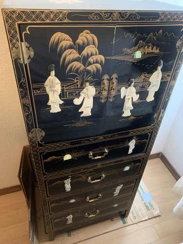 Chinese Black Lacquered and Gold Hand Painted Lingerie Armoire