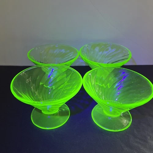 Set of 4 Federal Depression Uranium Dessert Glass Vaseline Glass- unmarked/chips