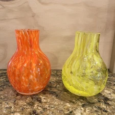 Murano Style Glass Bud Vases Yellow Orange Wave Pattern Small Hand Blown MCM Lot