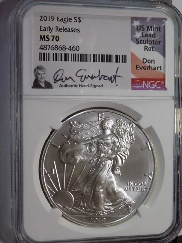 2019 American Silver Eagle - NGC MS70 EARLY RELEASES- Flag Label Everhart Signed