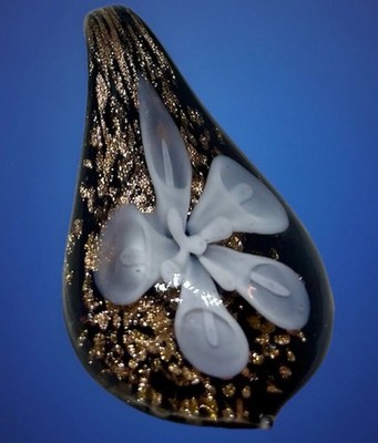 Dichotic Glass Flower  Pendant Metallic Black Gold Black Ribbon Chain Calla Lily