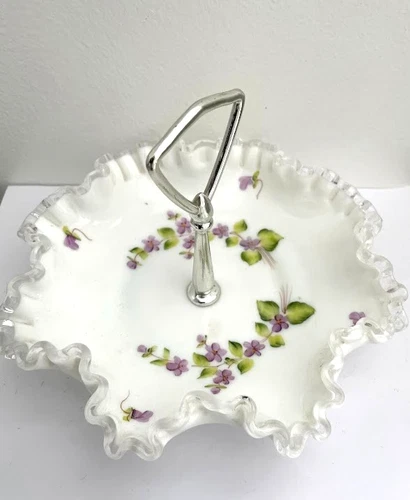 Fenton Art Glass Violets In The Snow White Milk Glass Candy Dish W/Plate Handle