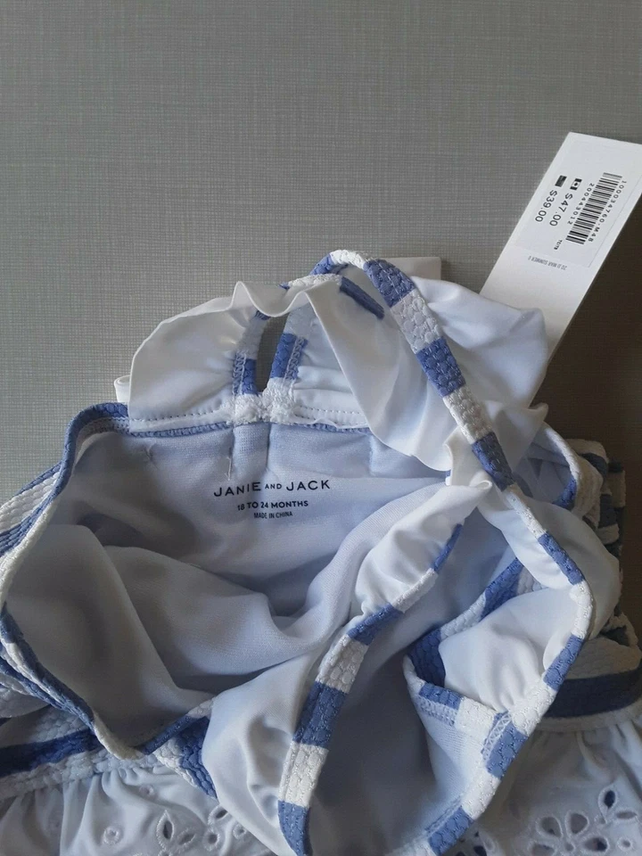 NUEVO CON ETIQUETAS JANIE AND JACK Niñas Texturizado Rayas Ojales Una Pieza Traje de Baño Talla 18-24 m Foto 4 de 4