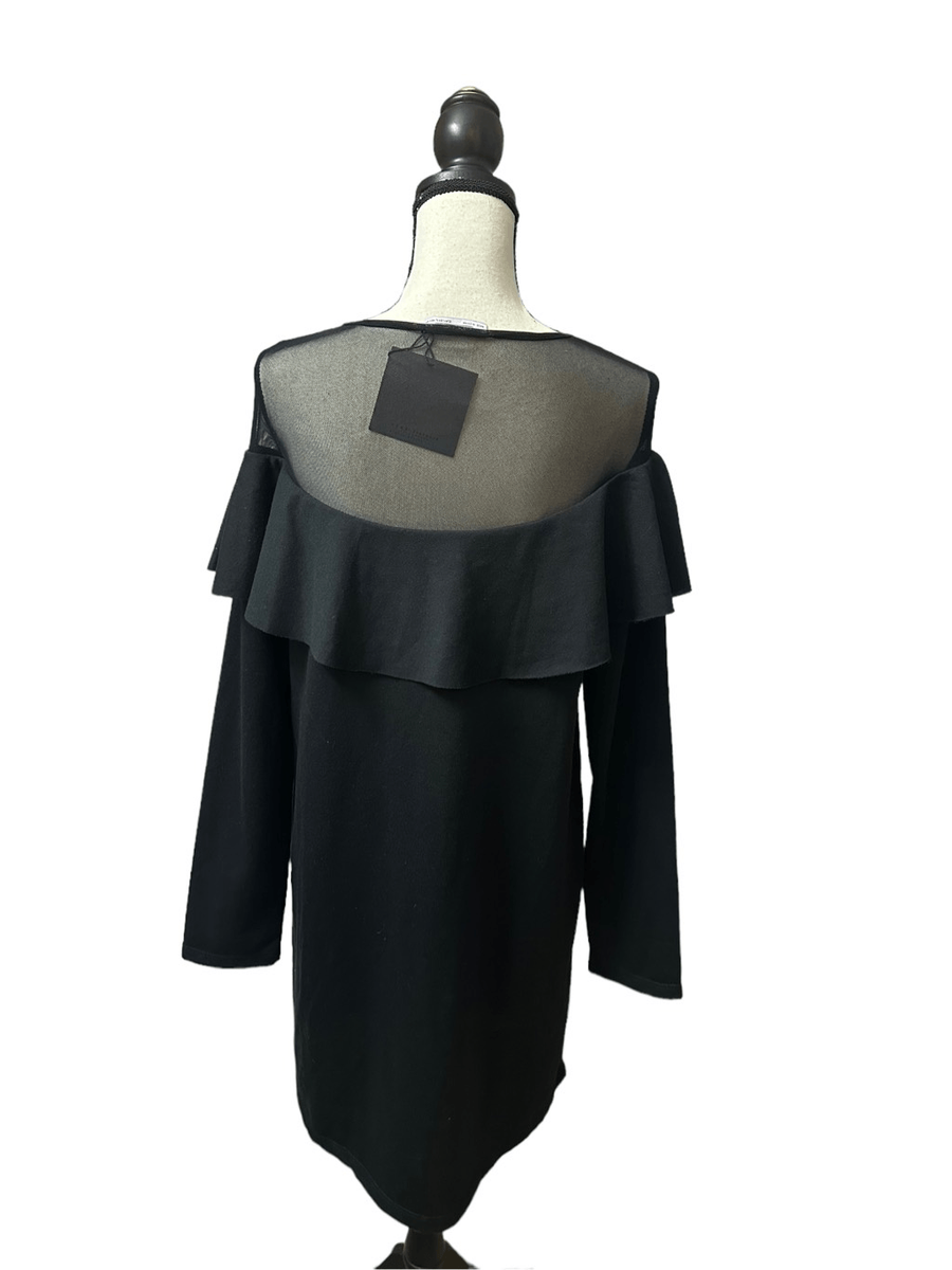Zara Women's Black Ruffle Mesh Shoulder Long Sleeve Mini Dress Large NWT