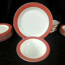 Vintage Pyrex Pink Flamingo Red GOLD TRIM Serving Chop Plate Vegetable Bowl 