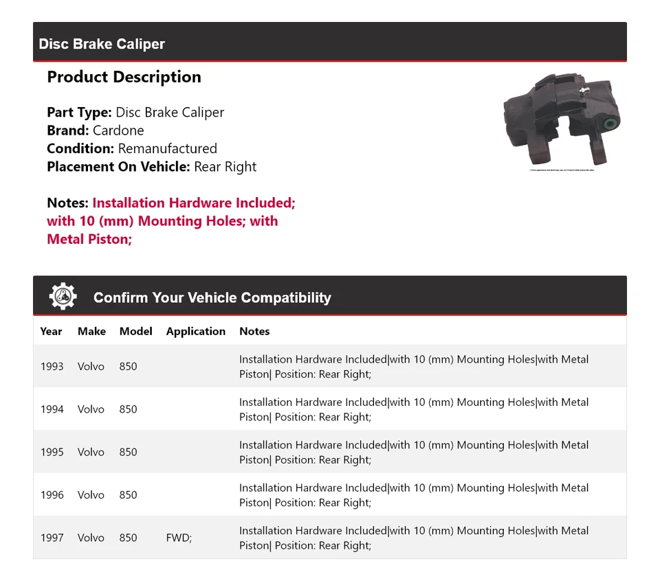 Pinza de freno de disco trasera derecha Cardone 1994 1995 1996 para Volvo 850 1993-1997 Foto 2 de 4