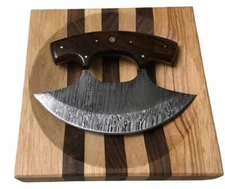 HEARTY Large Custom Wood Handle Ulu Knife 7" Damascus Chopping Bowl Sheath