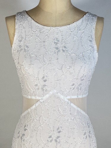 Vintage 1990's bodycon white LACE & silver metallic threads dress w/mesh panels - Picture 9 of 13