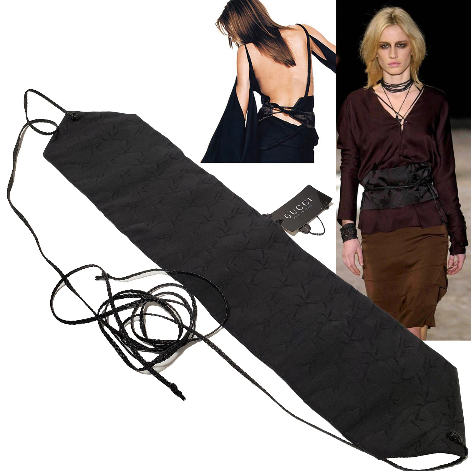 GUCCI OBI CEINTURE ICONIQUE PISTE ÉPOQUE TOM FORD BROCART DE SOIE NOIR NEUF POUR COLLECTION